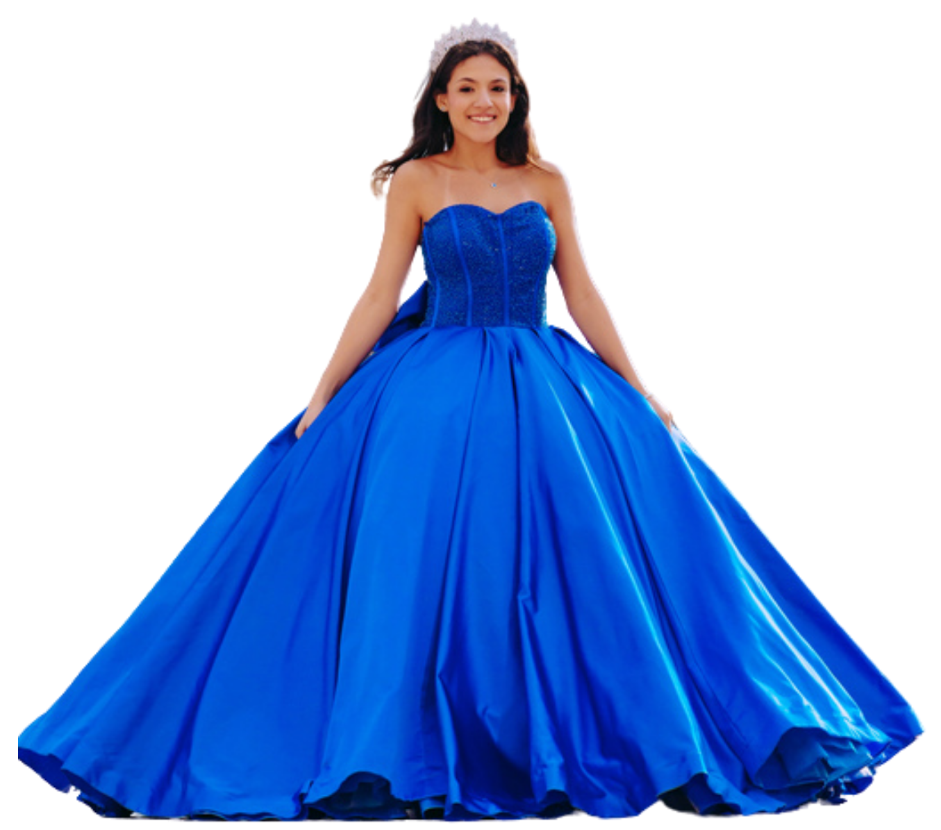 Quinceañera in a sequinned ball gown posing for her XV años photoshoot in Paris