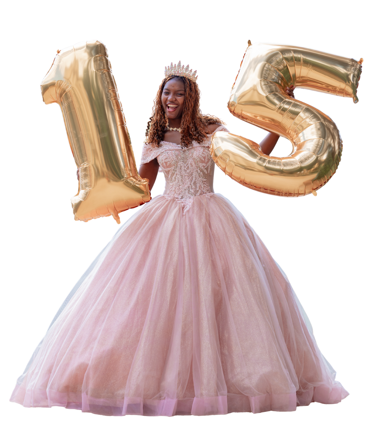 Quinceañera in a sequinned ball gown posing for her XV años photoshoot in Paris