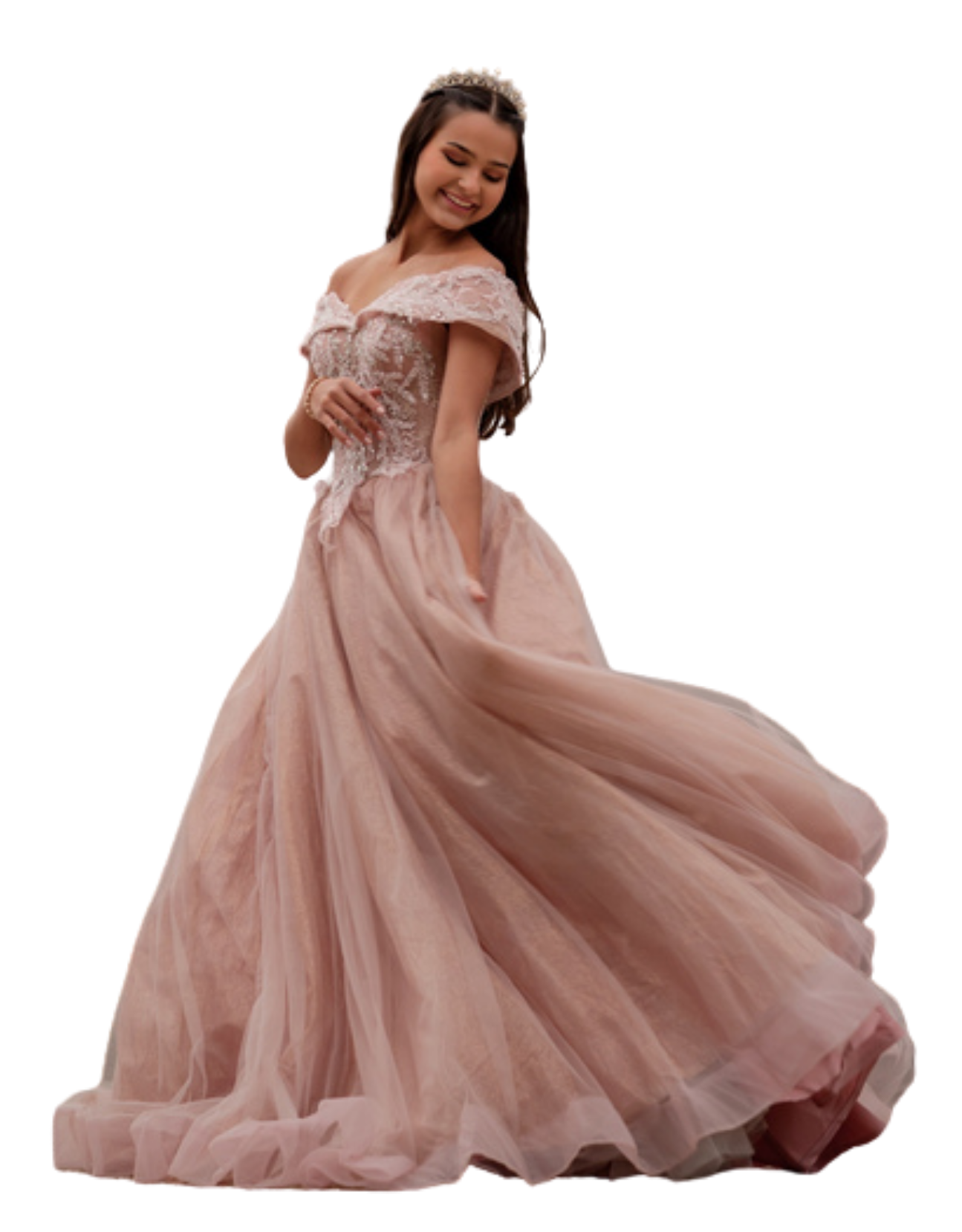 Quinceañera in a sequinned ball gown posing for her XV años photoshoot in Paris