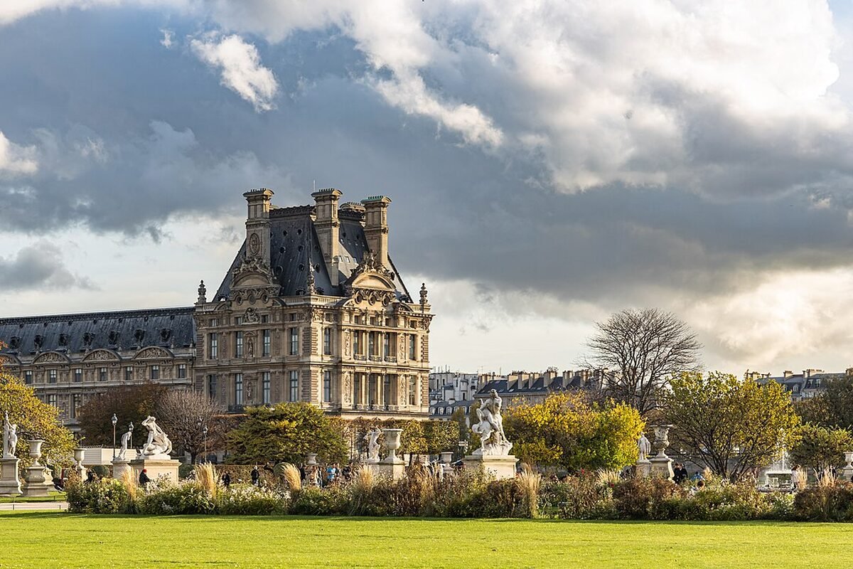 The Jardin des Tuileries with a Louvre pavilion in autumn light, Paris